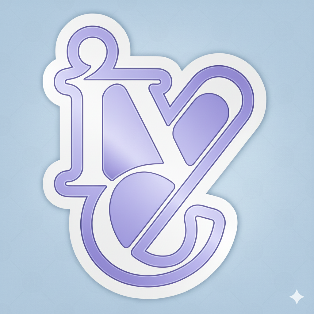 Um adesivo digitalizado com fundo branco, apresentando um monograma estilizado das letras IVE As letras são conectadas e desenhadas em um estilo que as faz parecer fluidas e interligadas, quase como uma única forma. As linhas externas do monograma são delineadas em um tom de violeta azulado muito claro, quase pastel, e o interior das letras possui um gradiente sutil do mesmo tom, dando uma leve impressão de profundidade ou brilho suave. O fundo do adesivo, por trás do contorno branco, é um azul muito claro com um padrão de linhas diagonais entrelaçadas, dando uma textura discreta ao papel de parede.